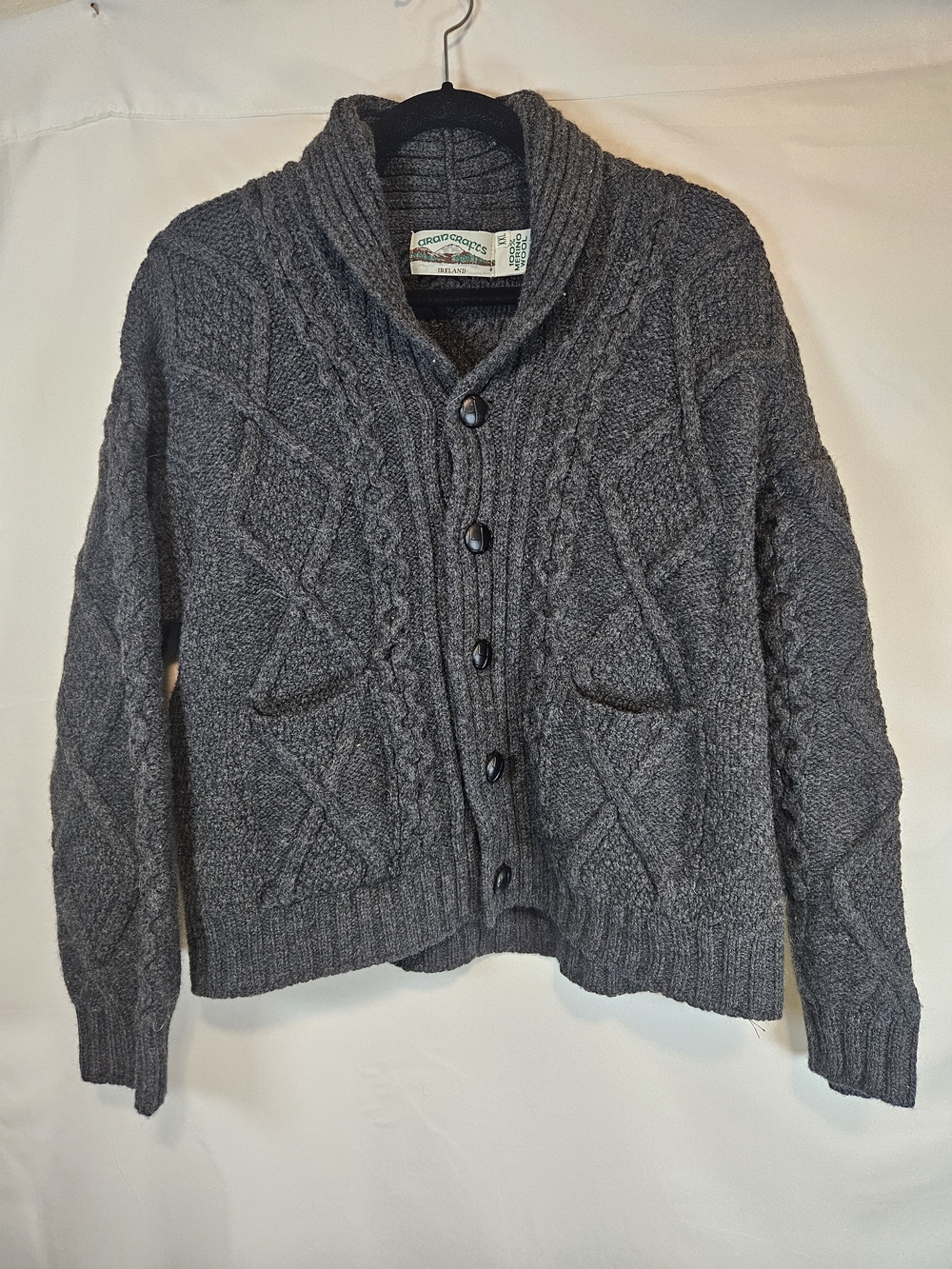 Aran Crafts Men's Shawl Collar Cable 100% Merino Wool Knit Cardigan - Charcoal